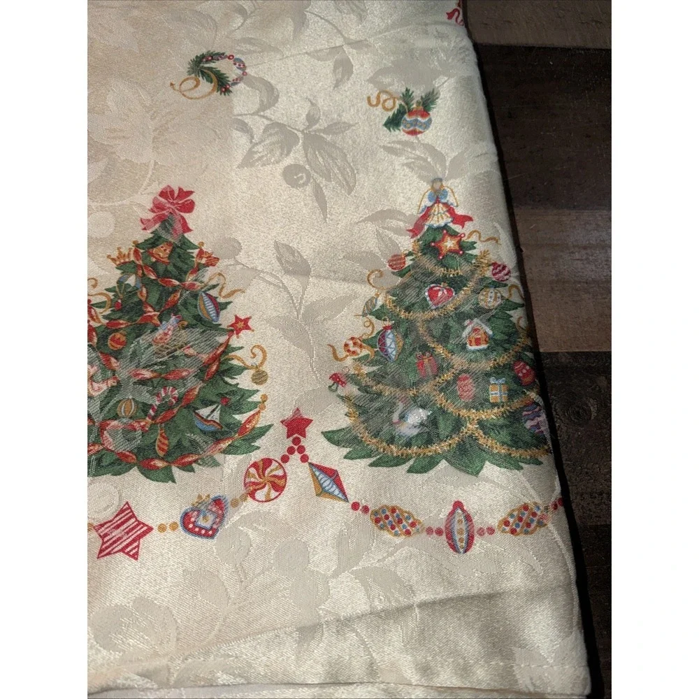 Vintage Christmas Tree Tablecloth Oblong Ivory Satin Holiday Festive 58